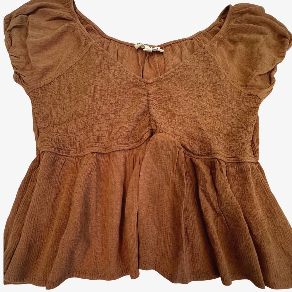 Hippie Rose Brown Smocked Puff Sleeve Babydoll Top Womens L